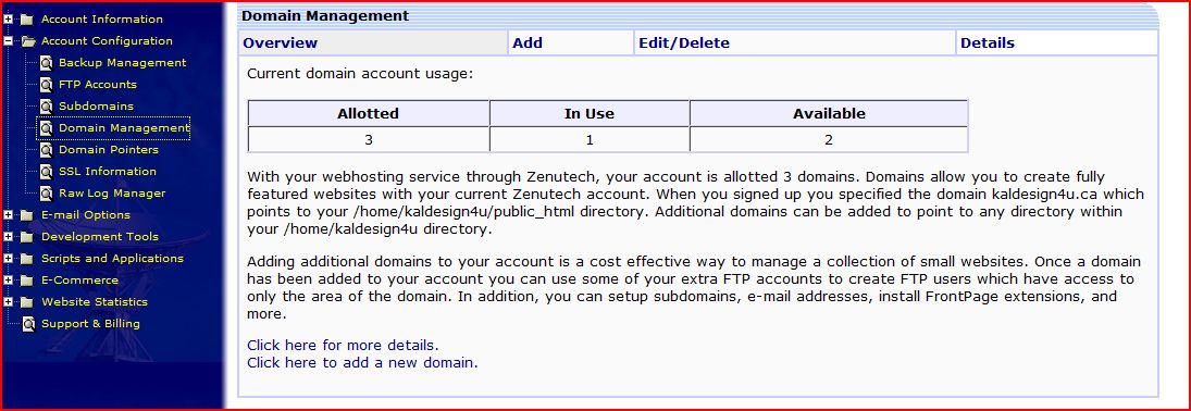 Domain management in the Zenutech Control Panel