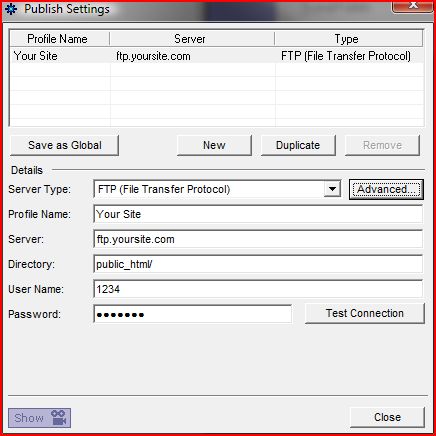 Publish settings for NetObjects Fusion