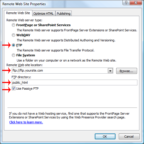 Publish by FTP using Microsoft Frontpage